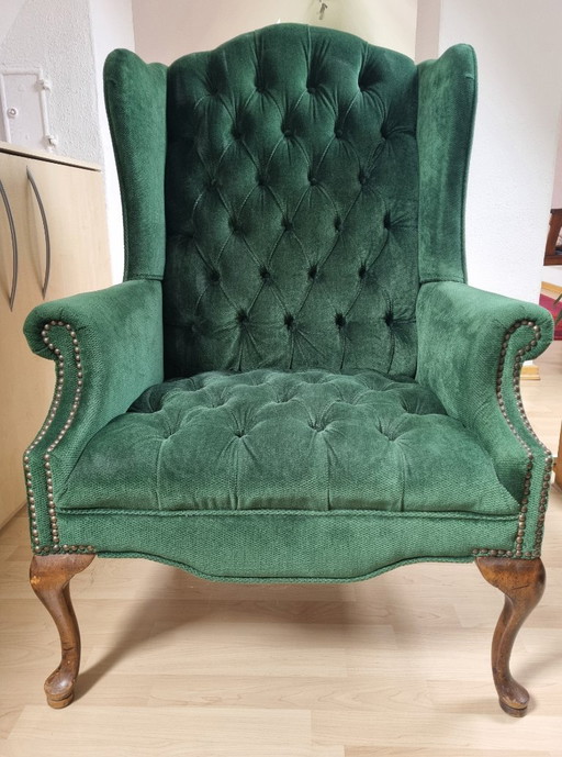 Vintage USA Ohrensessel Samt Smaragdgrün – Chesterfield / Queen Anne – fauteuils, Velvet