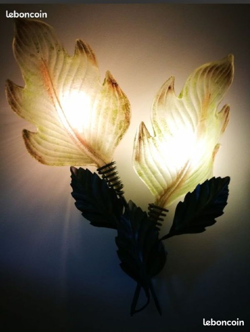 Geante Applique Tôle Peinte Verre de Murano Feuille Végétale 63cm