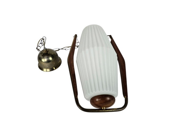 Image 1 of Design scandinavo - Vintage - teak - ottone - vetro smerigliato - lampada a sospensione - anni '60