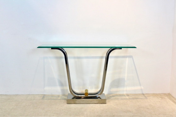 Console Minimaliste Courbée en Acier Inoxydable, Laiton et Verre, Doré (photo 6 sur 12)