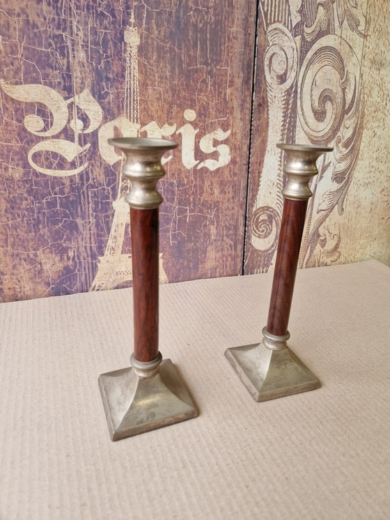 Image 1 of Chic set of candlesticks aluminum with wood