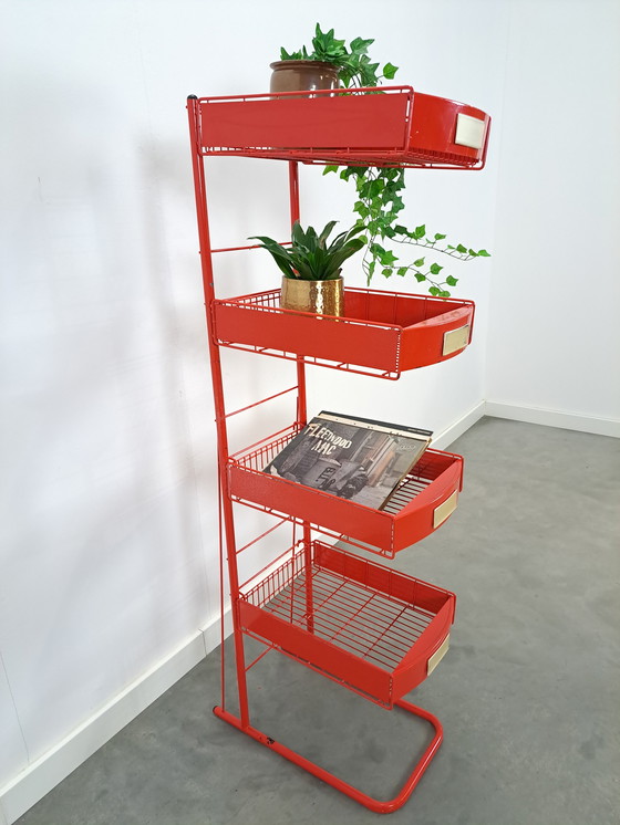 Image 1 of Red Metal Shop Display Case Shop Rack With Baskets Vintage