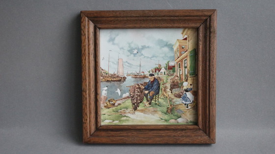 Image 1 of Piastrella in ceramica Mosa, ceramica in cornice di legno, decorazione murale, motivo: Olanda, pescatore, firmata