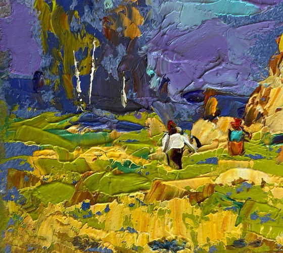Image 1 of Original Oil Painting Summer Field Landscape Harvesting hay in the field