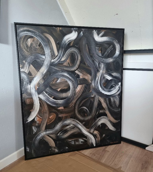 Frances Eckhardt - 100x120 cm, œuvre d'art sombre peinte à la main, peinture moderne abstraite contemporaine