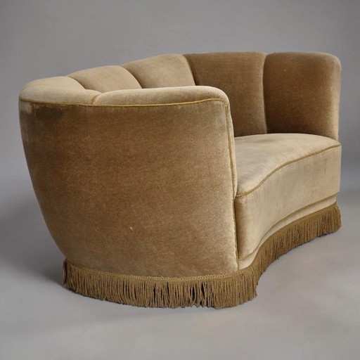 1960s, Danish "Banana" 2-seater sofa, green furniture velour, oak wood.