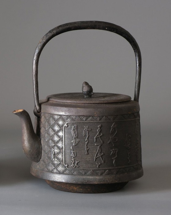 Image 1 of vintage Japanse ketel Tetsubin 鉄瓶 met reliëfontwerp
