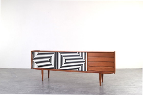 Image 1 of Mid-Century Op-Art Hand-Painted Danih Teak Sideboard, 1960s
