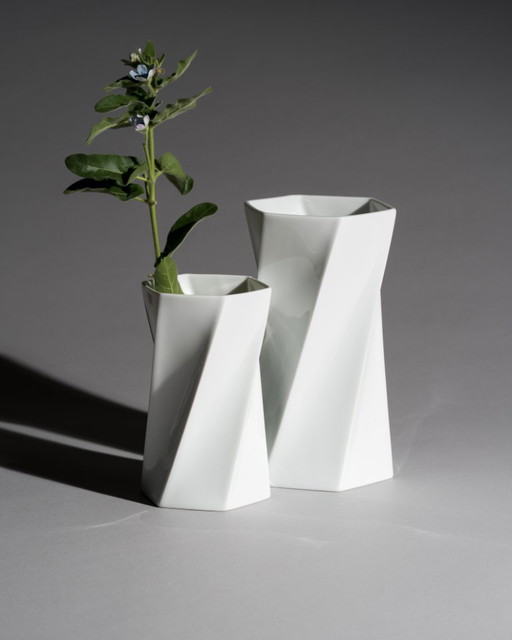 Postmodern Minimalist Chic Twisted Rosenthal Glossy Porcelain Vase Duo Jan Vaart