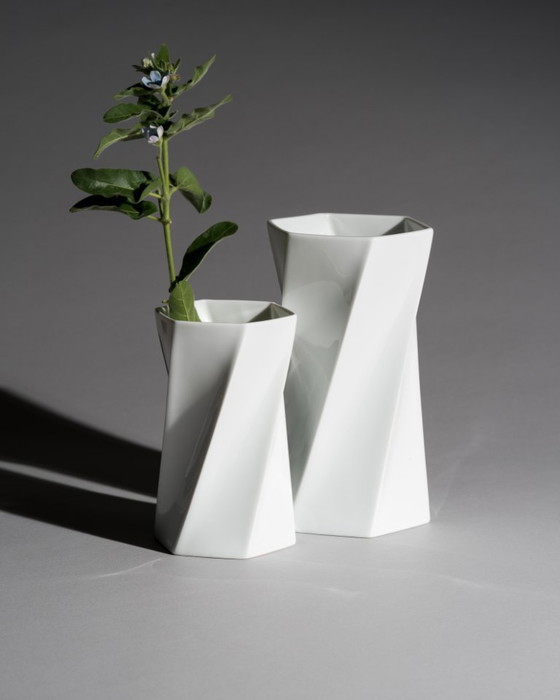 Image 1 of Postmodern Minimalist Chic Twisted Rosenthal Glossy Porcelain Vase Duo Jan Vaart