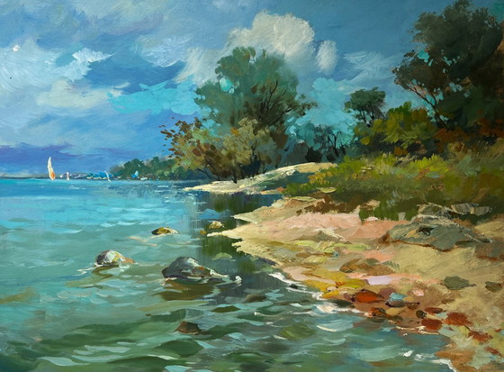 Image 1 of Pintura al óleo original Paisaje costero de verano Día de verano en la costa