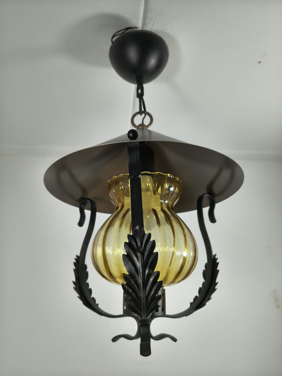Image 1 of Lampada a sospensione a lanterna con vetro color ambra