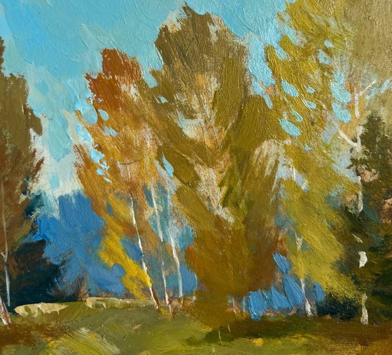 Image 1 of Original Oil Painting Autumn Forest Landscape Forest reflection in a pond