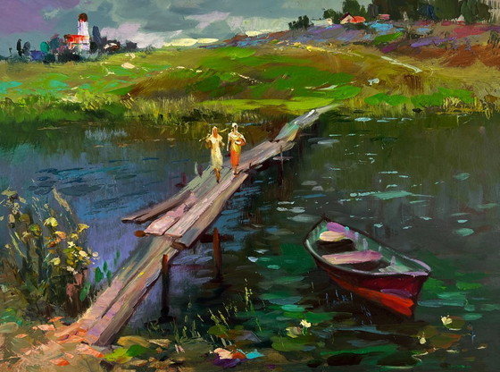 Image 1 of Original Oil Painting Summer Bridge Landscape Girls are walking by the river