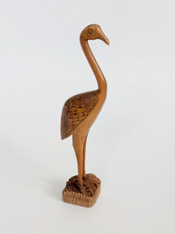 Image 1 of Midcentury Teak Wood Crane Sculpture, Hand Carved Bird, Scandinavian Modern Decor