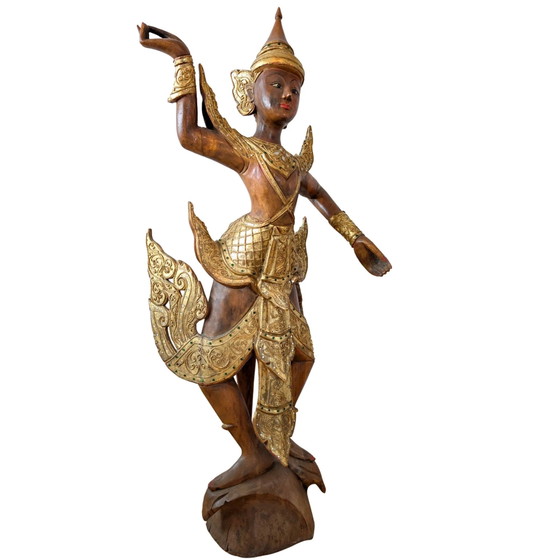 Grande Kinnara birmane sculptée à la main – Bois dur doré et incrustations de verre – 112 cm – Sculptures (photo 2 of 10)