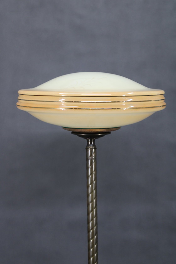 Image 1 of 1940S Restored Brass Floor Lamp With  Glass Shade