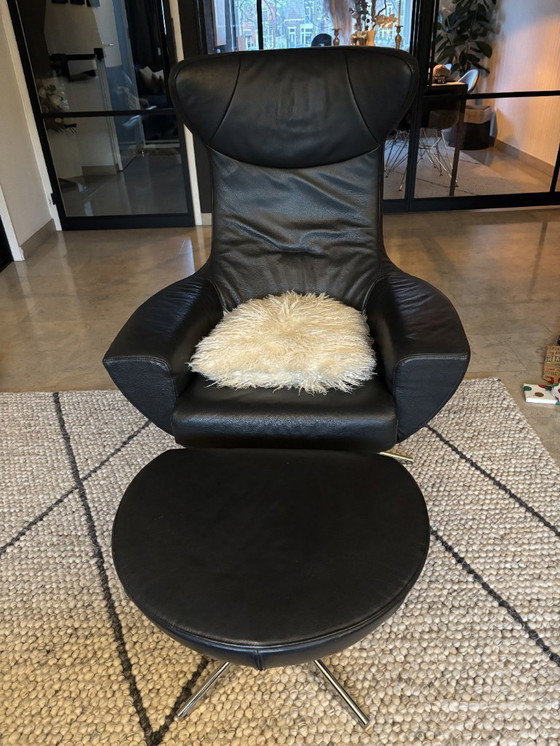 Image 1 of Stylish Egg Chair with Footstool – Black Leather