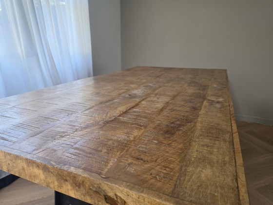 Image 1 of Table de salle à manger industrielle réglable, en bois de manguier et piètement en fonte !