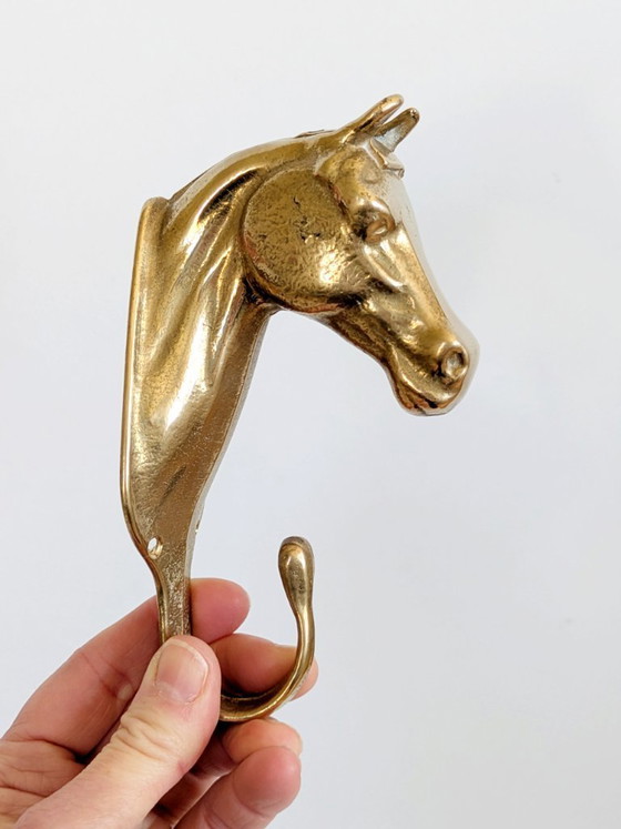 Image 1 of Set of 3 Vintage Brass Horse Head Wall Hooks Equestrian Heritage Accent