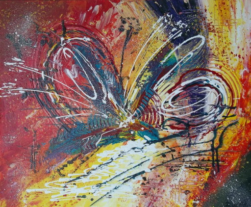 Tableau abstrait de format 61x50: CLIMÉPHORE, une œuvre du peintre 2Luss'Art. Insecte ou illusion d’été ? 