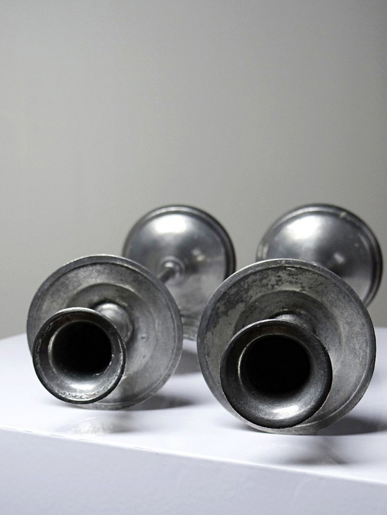 Image 1 of Pair of vintage mid-century silver-plated pewter Sun & Moon handcrafted candlesticks