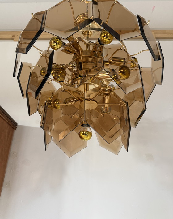 Image 1 of Vintage hexagon rookglazen kroonluchter, Italië ‘70