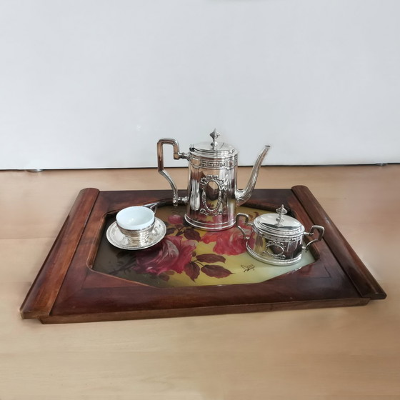 Image 1 of HOUTEN GLAZEN DIENBLAD MET ROZEN - ART DECO