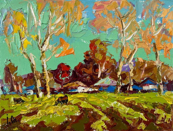 Image 1 of Original Oil Painting Day Village Landscape Spring fields are turning green