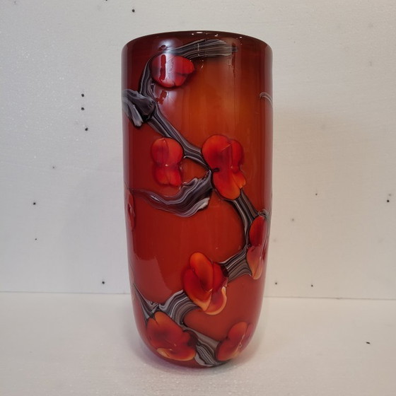 Image 1 of Jarrón floreado rojo, vidrio de Murano, 90’s - Italia