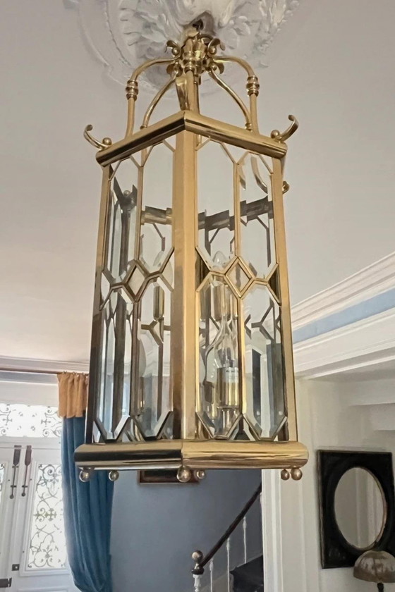 Image 1 of Enorme lanterna a sospensione Lustre Française in vetro Biseauté e Laiton Poli