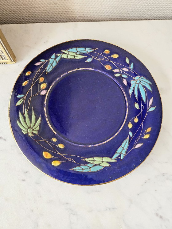 Image 1 of Lot prestige 4 assiettes Porcelaine de Limoges Bernardaud et Co et Emaux Bleu de Four décor fleurs