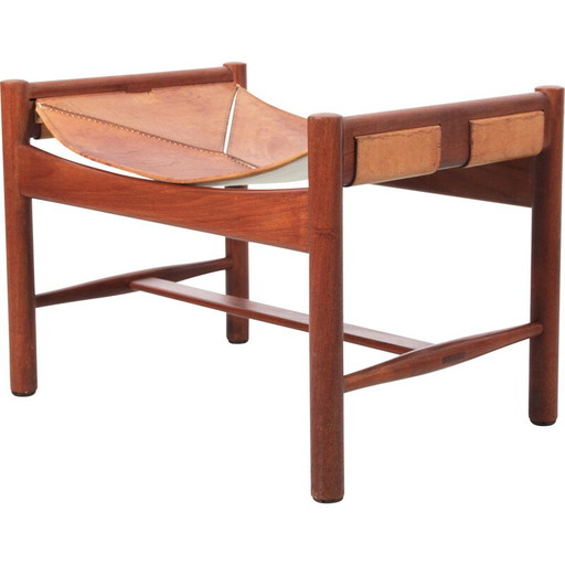 Repose-pieds vintage en teck et cuir par Kurt Olsen