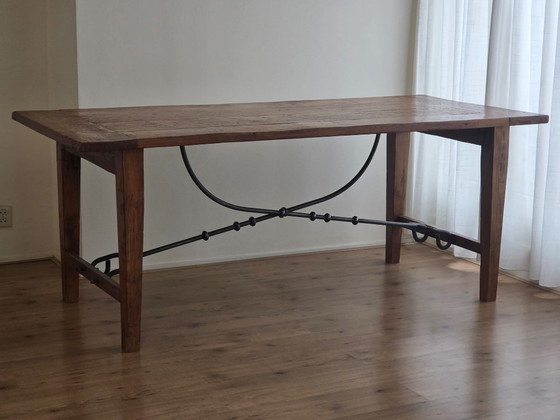 Tavolo da pranzo antico spagnolo con gambe a cavalletto - Legno massello e ferro battuto (200x89 cm) (photo 17 of 20)
