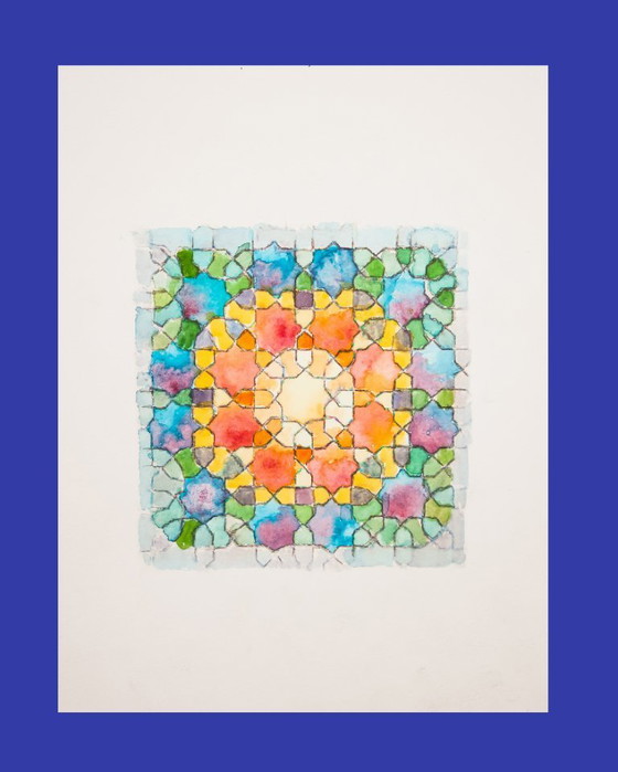 Image 1 of Original watercolor of a Moorish tile. Arabic tile painting. Geometric painting. Watercolor with a geometric motif. New.