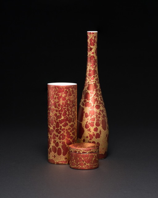 Rosenthal H. Drexler Vase Duo en porcelaine peinte à la main et boîte à couvercle Goldfeuer