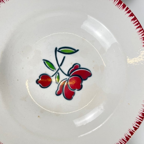 Image 1 of Set of 6 porcelain soup plates, Badonviller, red flower, 1950