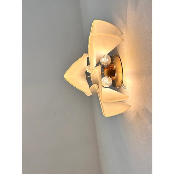 Image 1 of Set van twee eigentijdse, moderne, geschuurde champagnekleurige “Rondini” Murano wandlampen.