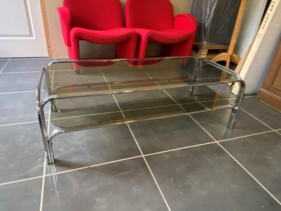 Image 1 of Table basse double plateau verre chrome style Bauhaus vintage 1970