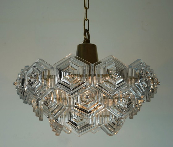 Image 1 of 3-tier mid century PENDANT LIGHT with 27 hexagonal glass panels 1960s 70s chandelier