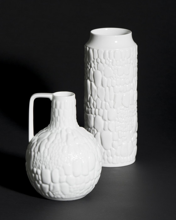 Image 1 of Manfred Frey AK Kaiser Glossy Porcelain Vase Fossil REPTILE Relief Op Art DUO