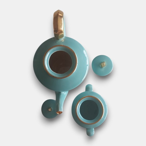 Image 1 of Vintage (1960-1970) handmade design tea set in turquoise glaze with gold accents – teapot and sugar bowl with lid