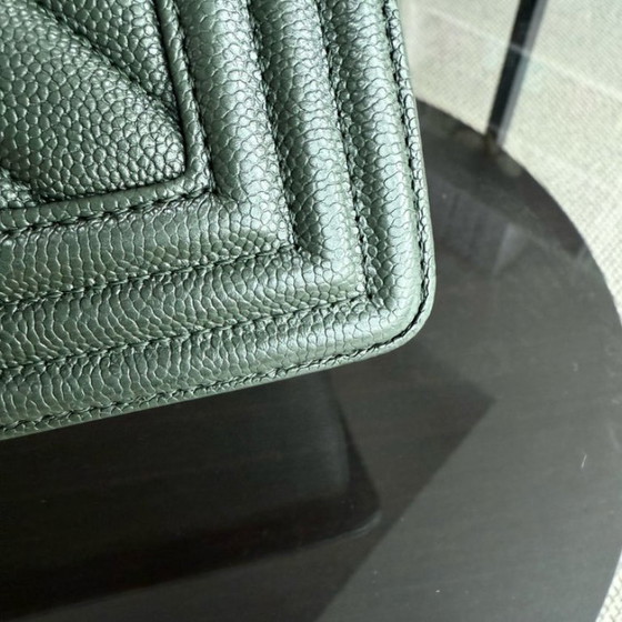 Image 1 of Chanel Boy Medium - Caviar 25CM Chevron Dark Green Ruthenium Silver Hardware Series 26