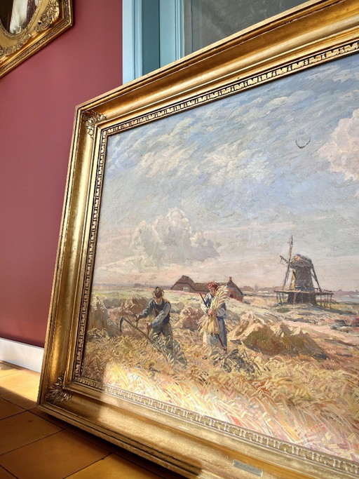 Grande paesaggio danese firmato ca. 1910 – Børge Nyrop – olio su tela – cornice originale dorata