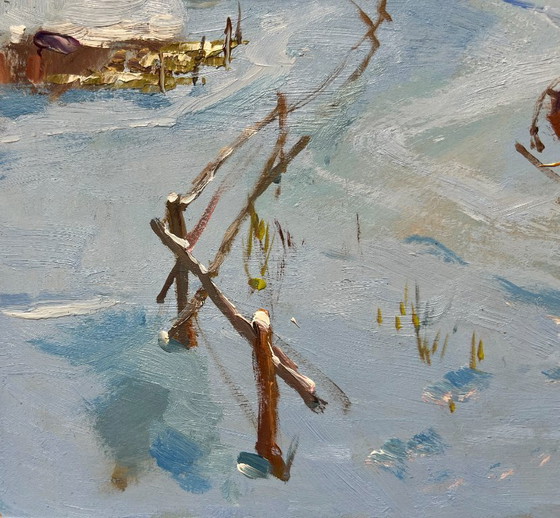 Image 1 of Original Oil Painting Winter Village Landscape Cozy winter evening