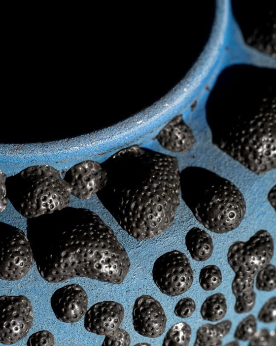 Image 1 of Large Albert Kiessling Textural Lava Relief Studio Ceramic Vase Blue and Black