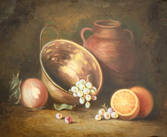 Image 1 of Bodegón al óleo con frutas. Óleo con frutas y objetos de cobre y barro. Cuadro al óleo con frutas.