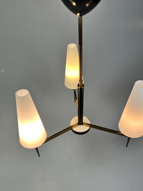 Image 1 of Lampadario/lampada a sospensione vintage, ottone con vetro lattimo, Belgio anni '70