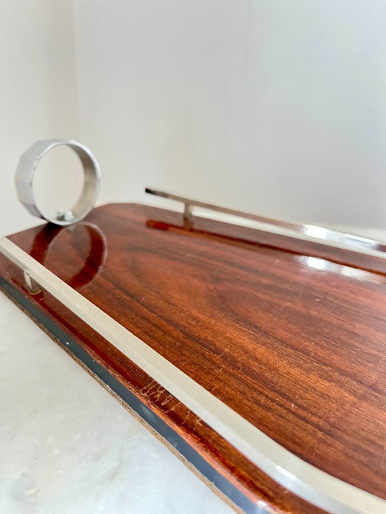 Image 1 of Plateau de service Art déco en bois et chrome – Design géométrique, vintage années 1930