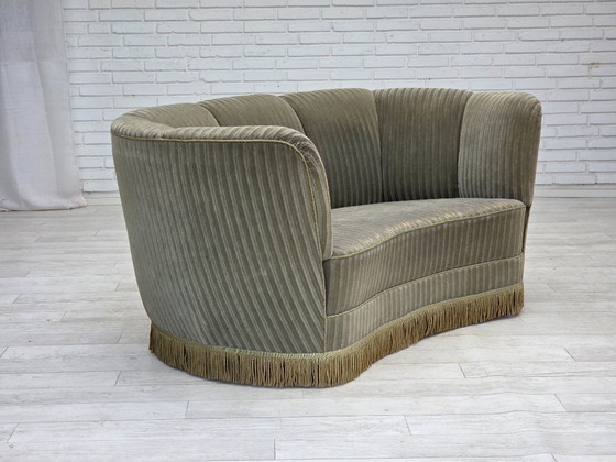 Image 1 of 1970s, Danish 2-seater curved sofa, original furniture velour, beech wood.